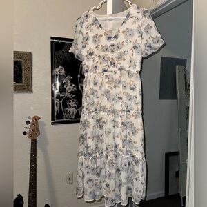 White Midi Dress with blue roses